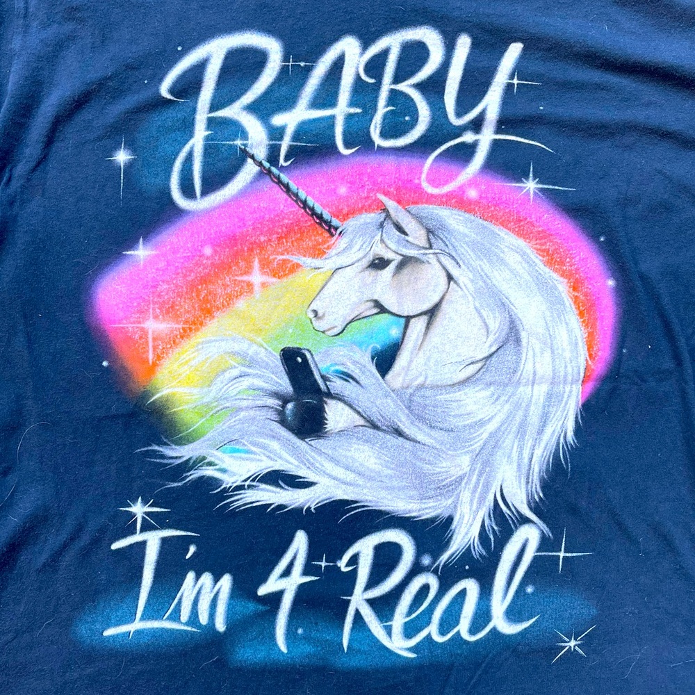 UNIF Black Tee with Unicorn and Rainbow Design